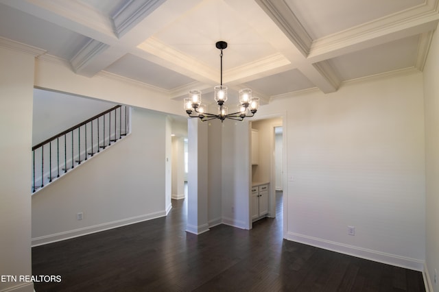 unfurnished dining area featuring dark hardwood / wood-style flooring, beam ceiling, and coffered ceiling