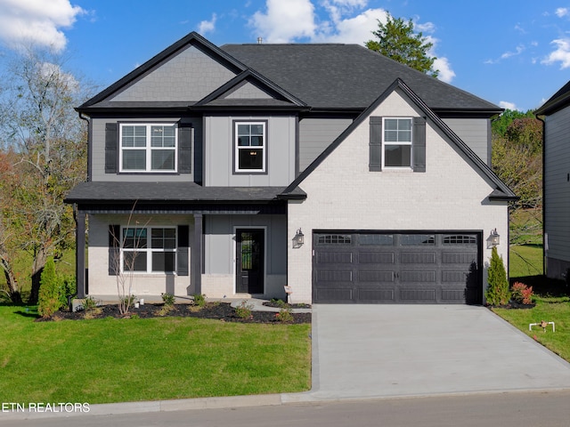 view of front of house featuring a front yard, brick siding, concrete driveway, an attached garage, and a shingled roof