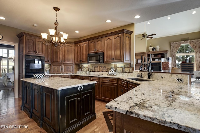 kitchen with black appliances, light stone counters, a healthy amount of sunlight, and a sink