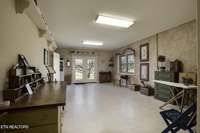 interior space featuring french doors and crown molding