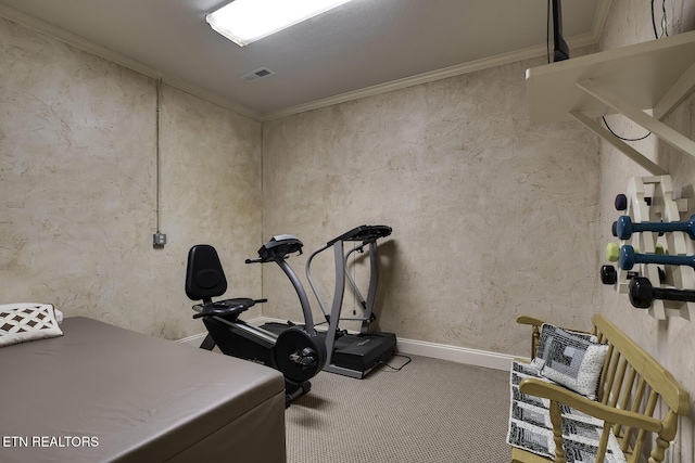 workout room featuring carpet flooring, visible vents, baseboards, and ornamental molding