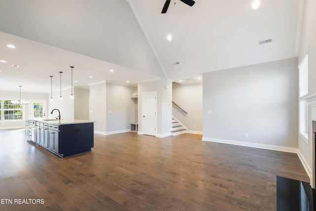 unfurnished living room with high vaulted ceiling, crown molding, dark wood-type flooring, and sink