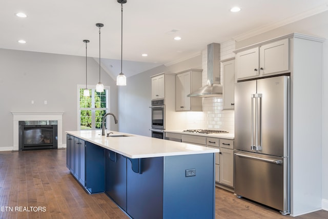 kitchen with an island with sink, stainless steel appliances, sink, dark hardwood / wood-style flooring, and wall chimney range hood