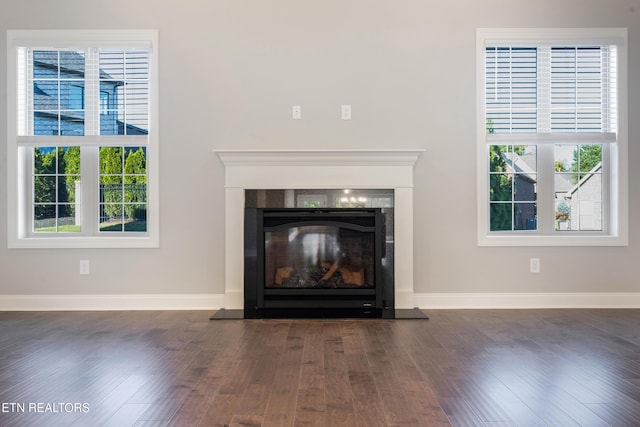 interior details featuring baseboards, a glass covered fireplace, and wood finished floors