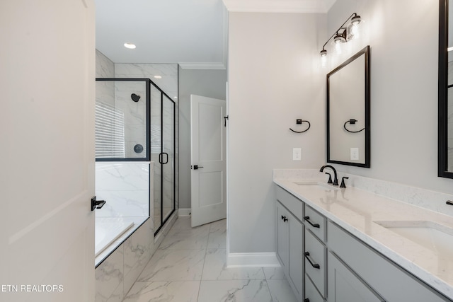 bathroom with walk in shower, vanity, and crown molding