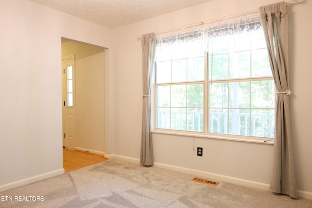 carpeted spare room featuring a textured ceiling