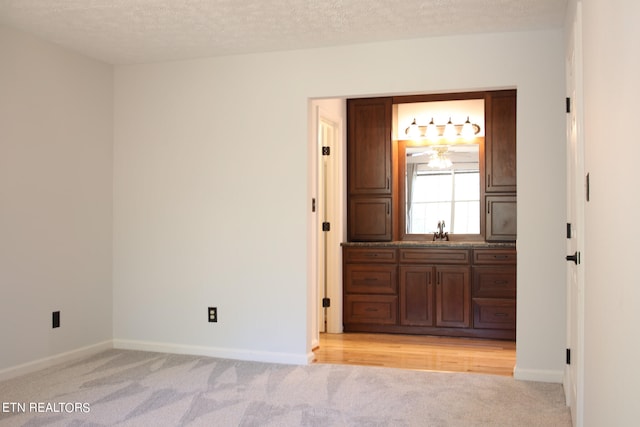 interior space with a textured ceiling, sink, and light colored carpet