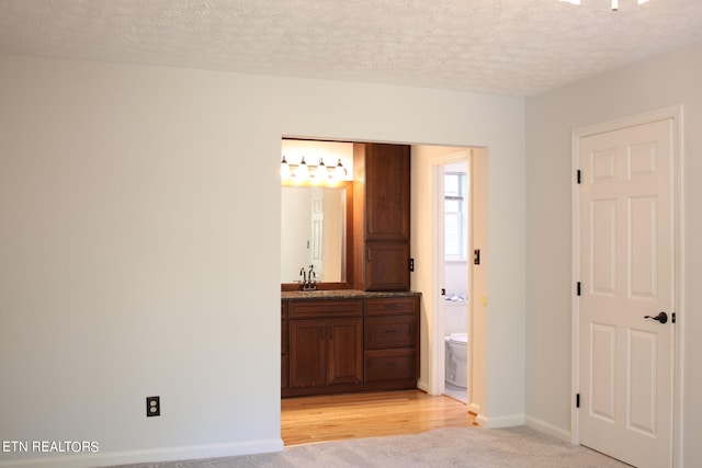 interior space featuring light wood-type flooring, sink, and a textured ceiling