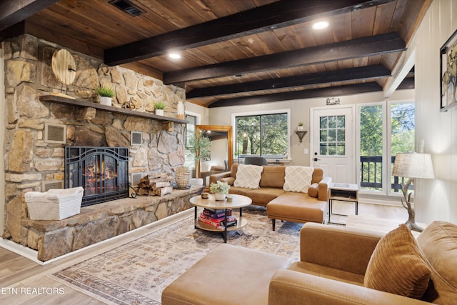 living room featuring a fireplace, wooden ceiling, beamed ceiling, and hardwood / wood-style flooring