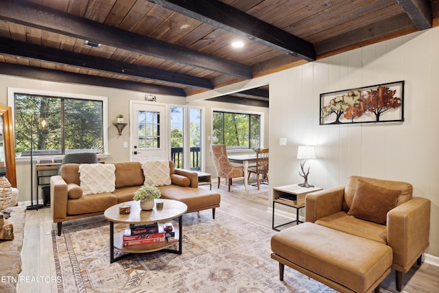 living room featuring plenty of natural light, light hardwood / wood-style floors, and wood ceiling