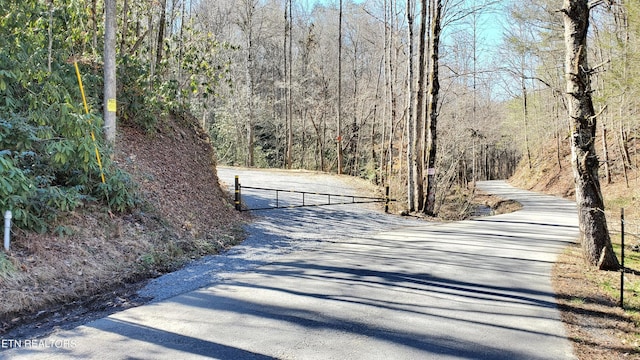 view of home's community with a forest view, driveway, and a gate