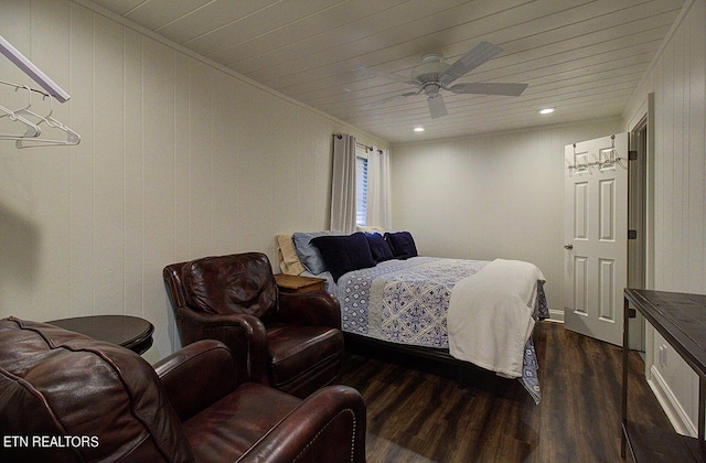 bedroom with wood ceiling, crown molding, dark wood-style floors, recessed lighting, and wood walls