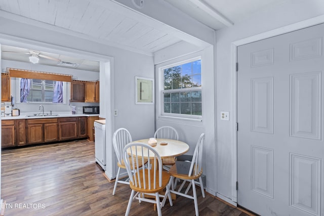 dining area featuring sink, ceiling fan, hardwood / wood-style floors, and wooden ceiling