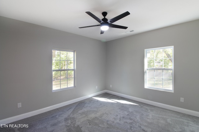 carpeted empty room with ceiling fan and a healthy amount of sunlight