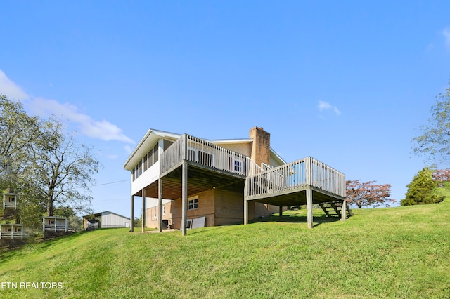 back of property featuring a wooden deck and a lawn