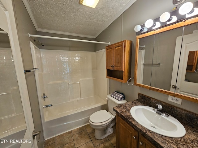 full bathroom featuring crown molding, tile patterned floors, a textured ceiling, and  shower combination