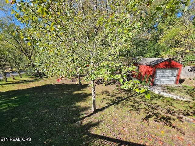 view of yard featuring a garage and an outdoor structure