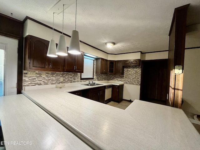 kitchen featuring dishwasher, hanging light fixtures, dark brown cabinetry, and a wealth of natural light