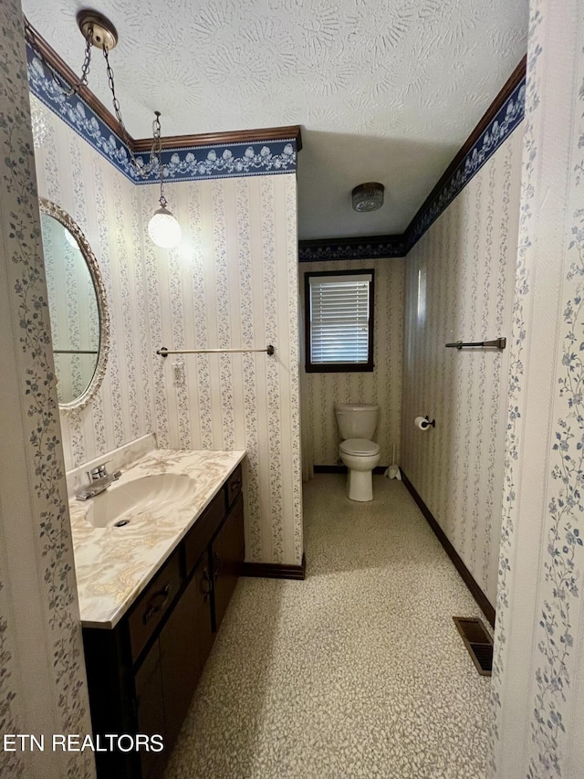 bathroom featuring vanity, toilet, and a textured ceiling