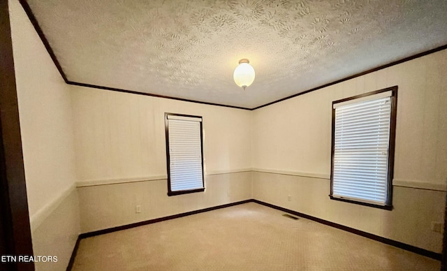 carpeted empty room with a textured ceiling and crown molding