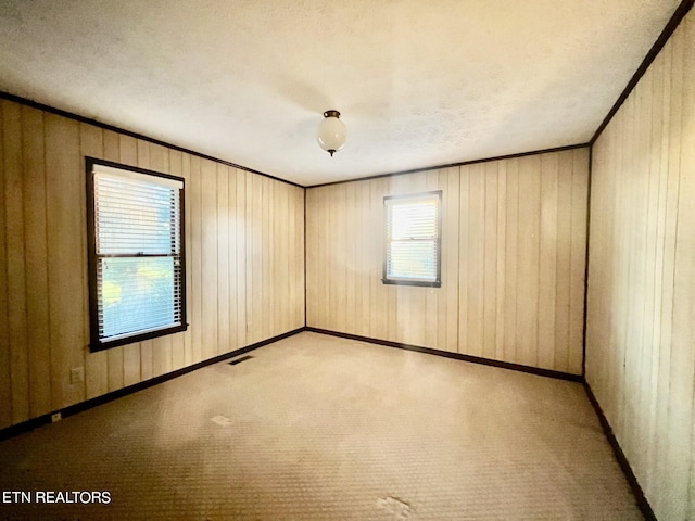 unfurnished room featuring light carpet, a textured ceiling, and wood walls