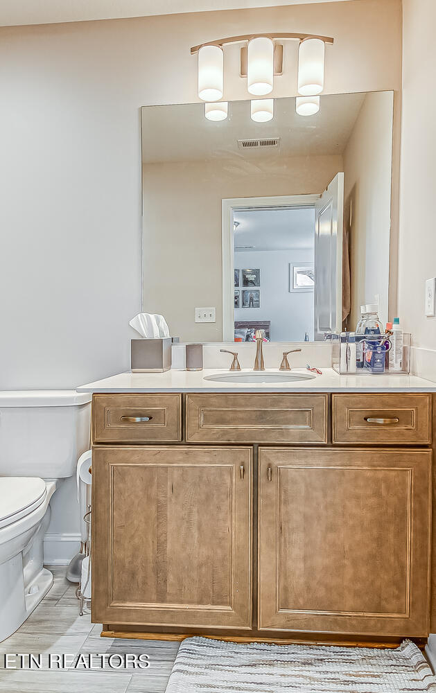 bathroom featuring hardwood / wood-style flooring, vanity, and toilet