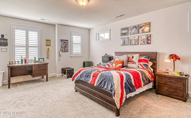 bedroom with a textured ceiling and carpet