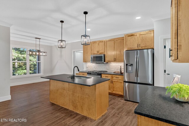 kitchen featuring a kitchen island with sink, stainless steel appliances, dark wood-type flooring, sink, and pendant lighting