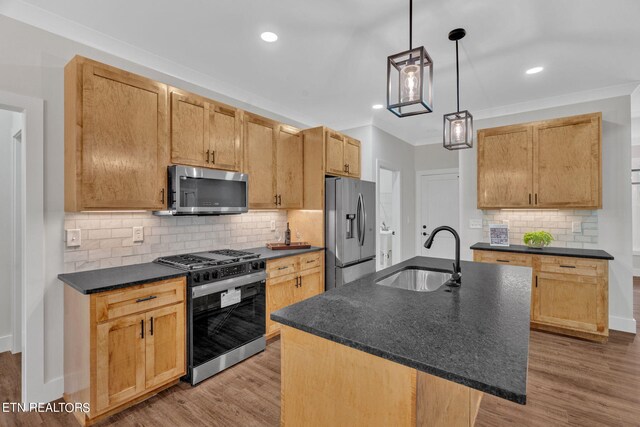 kitchen with pendant lighting, sink, a center island with sink, appliances with stainless steel finishes, and hardwood / wood-style floors