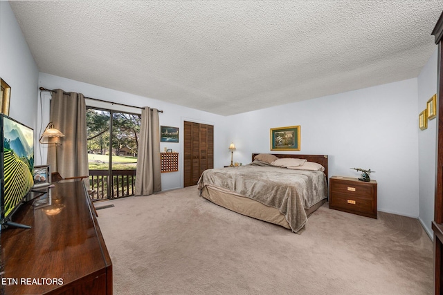 bedroom featuring carpet floors, access to exterior, and a textured ceiling