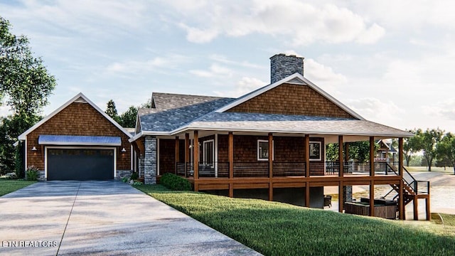 view of front of house featuring covered porch, a front yard, and a garage