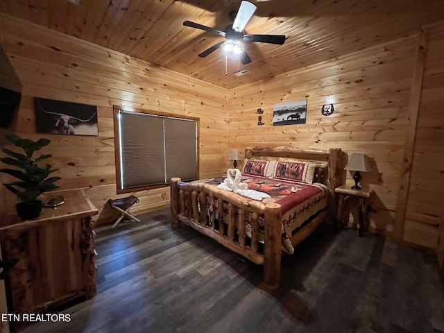 bedroom featuring ceiling fan, wood walls, dark hardwood / wood-style flooring, and wooden ceiling