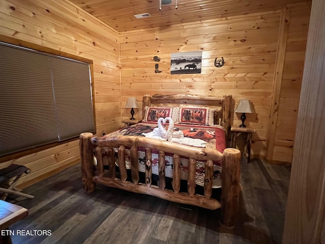 bedroom featuring hardwood / wood-style flooring, wooden walls, and wood ceiling