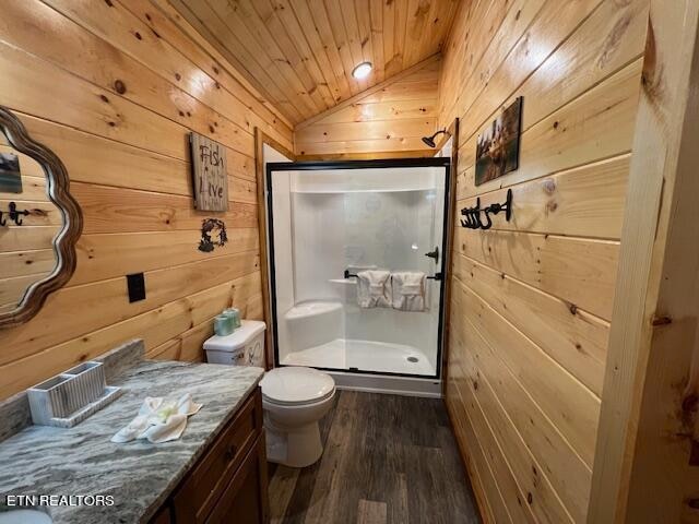 bathroom with walk in shower, toilet, wooden ceiling, vaulted ceiling, and vanity