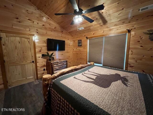 bedroom featuring wood-type flooring, lofted ceiling, wood walls, and wooden ceiling