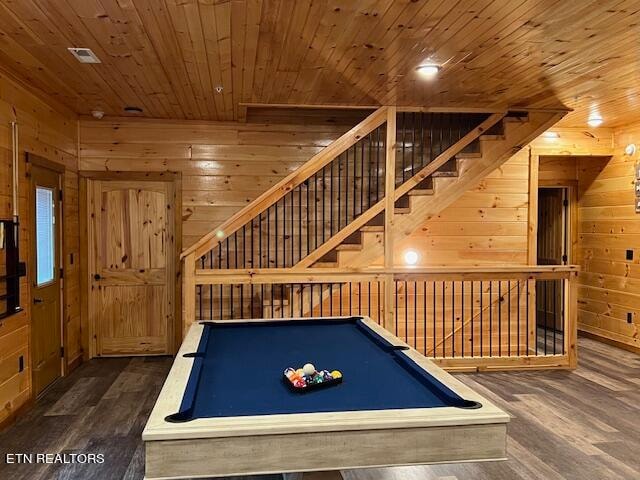 rec room with pool table, wood walls, wooden ceiling, and dark hardwood / wood-style floors