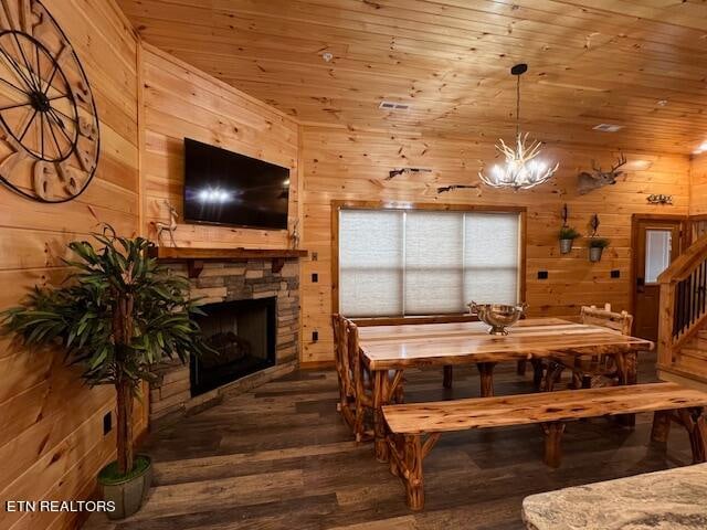 dining space featuring an inviting chandelier, wooden ceiling, dark hardwood / wood-style flooring, wooden walls, and a fireplace