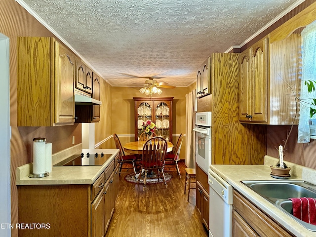kitchen featuring dark wood-style flooring, white appliances, light countertops, a textured ceiling, and under cabinet range hood