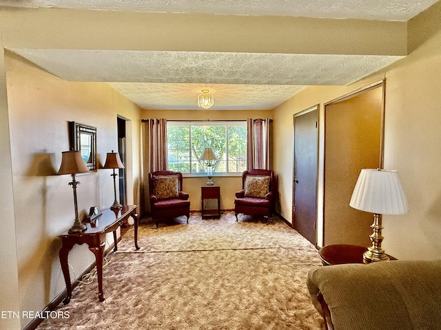 sitting room with baseboards, carpet, and a textured ceiling