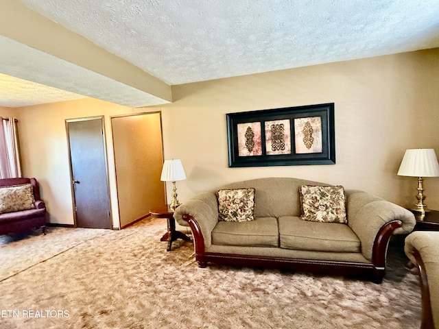 carpeted living room with a textured ceiling