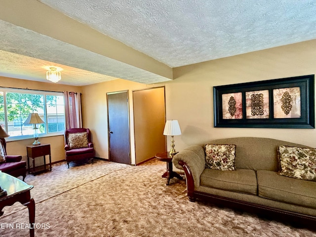 carpeted living room with a textured ceiling