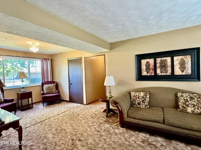carpeted living area featuring baseboards and a textured ceiling