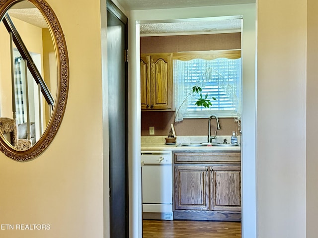 bar featuring white dishwasher, dark wood finished floors, and a sink