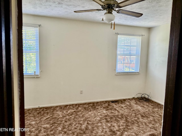 empty room featuring carpet floors, a textured ceiling, ceiling fan, and a wealth of natural light