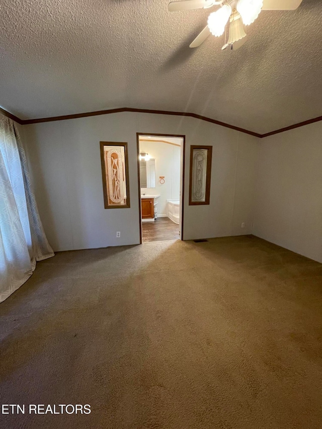 spare room with a textured ceiling, ceiling fan, carpet flooring, and vaulted ceiling