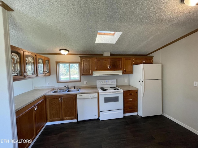 205 Magnolia Ln, Tazewell, TN 37879 - kitchen featuring white appliances, extractor fan, a sink, a textured ceiling, and a skylight