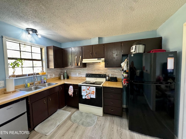 kitchen featuring white electric stove, freestanding refrigerator, light countertops, under cabinet range hood, and a sink