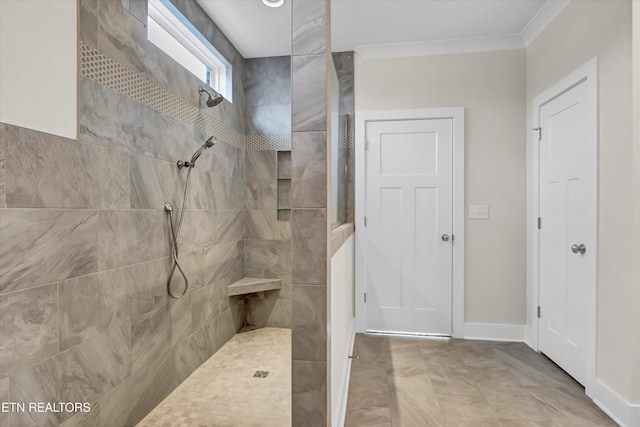 full bath featuring a walk in shower and ornamental molding
