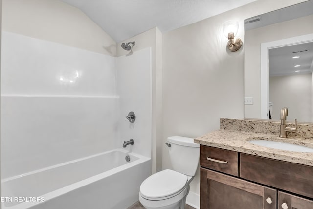 full bathroom featuring vanity, shower / bathtub combination, visible vents, and toilet