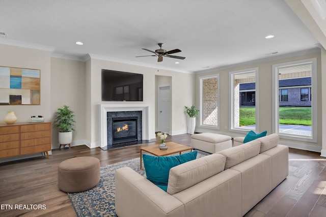 living area featuring a premium fireplace, wood finished floors, baseboards, and a ceiling fan